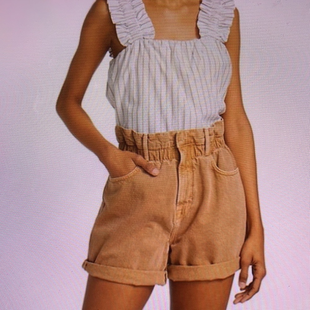 Frame Denim High Waist Paperbag Shorts in Tan